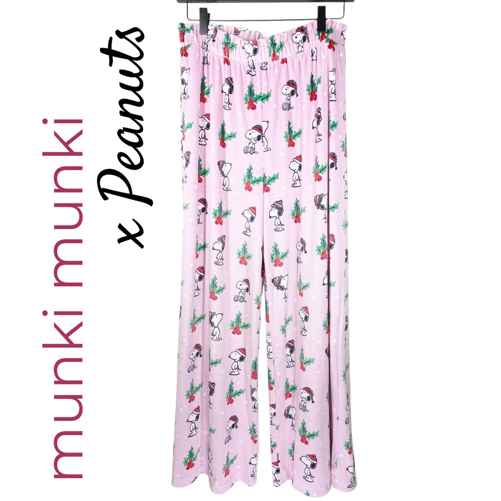 Munki Munki x Peanuts Snoopy Christmas Pajama Pants Pink Fleece Wide Leg, Large